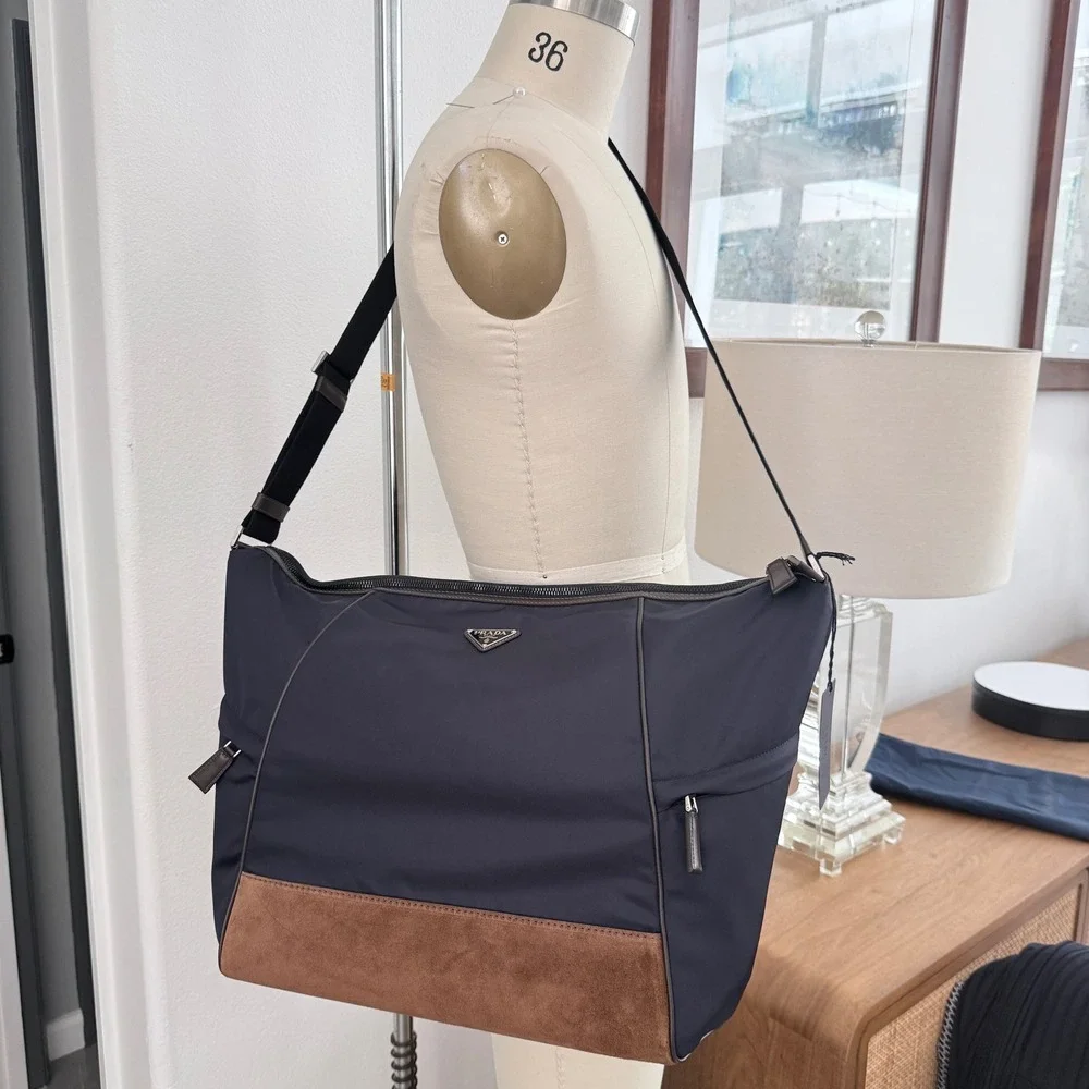 Prada Bandoliera Tessuto Camoscio Messenger Bag Navy Blue Brown 2VH180